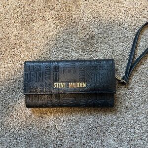 Steve Madden Black Embossed Logo Clutch Wristlet with Gold Logo